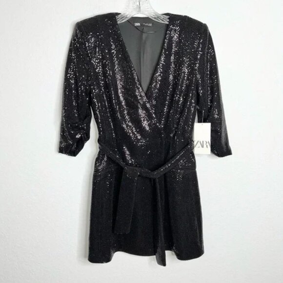 Zara - Small, Black Sequin/sparkly Blazer Wrap mini dress - Picture 1 of 8